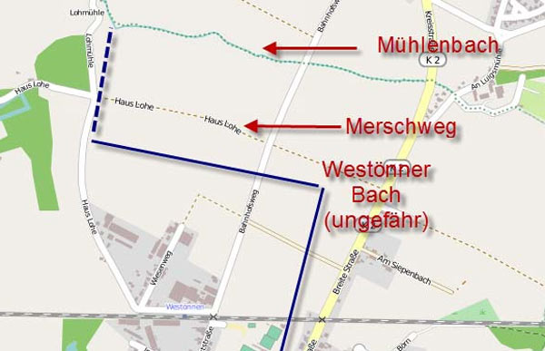 Planung: Auf insgesamt 400 Meter (geriffelte Linie im Bild) will die Stadt Werl den Westönner Bach auf die östliche Seite des Loher Weg legen.