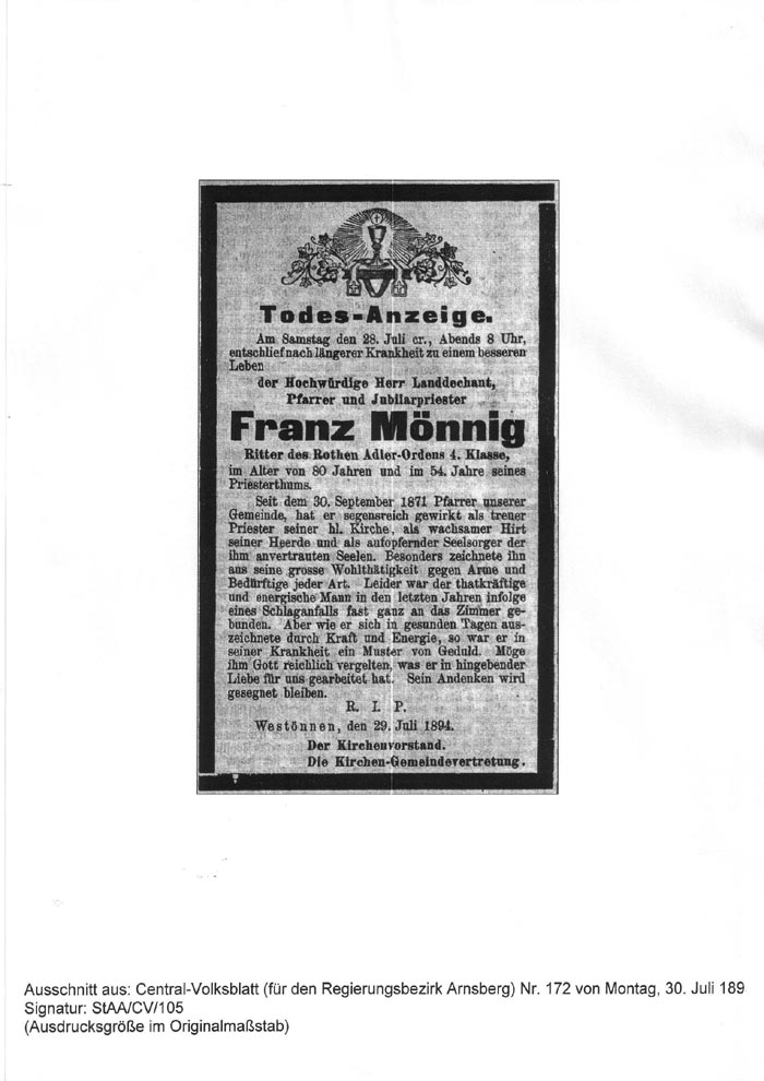 Todesanzeige für Franz Mönnig aus dem Central-Volksblatt Nr.172 vom 30.07.1894