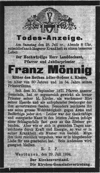 Todesanzeige für Franz Mönnig in besserer Darstellung